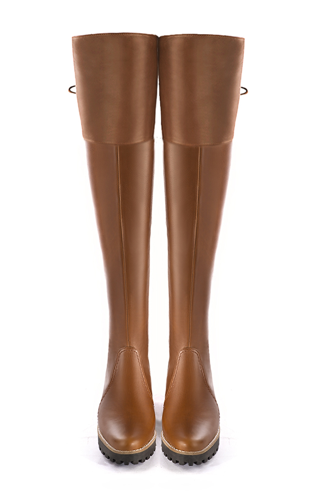 Caramel brown women's leather thigh-high boots. Round toe. Low rubber soles. Made to measure. Top view - Florence KOOIJMAN